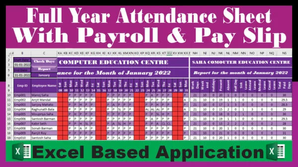 Full Year Attendance Sheet with Payroll & PaySlip in Excel