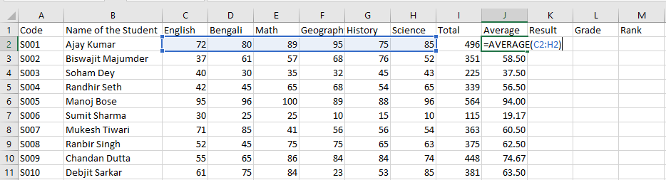 Student Percentage Using Average Function