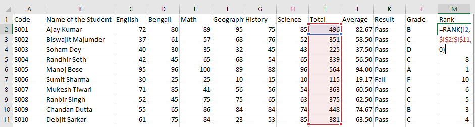 Rank Formula in Excel